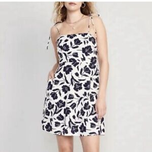Old Navy Linen Cami Tie Blue White Floral Midi Dress Summer Transitional Size XL